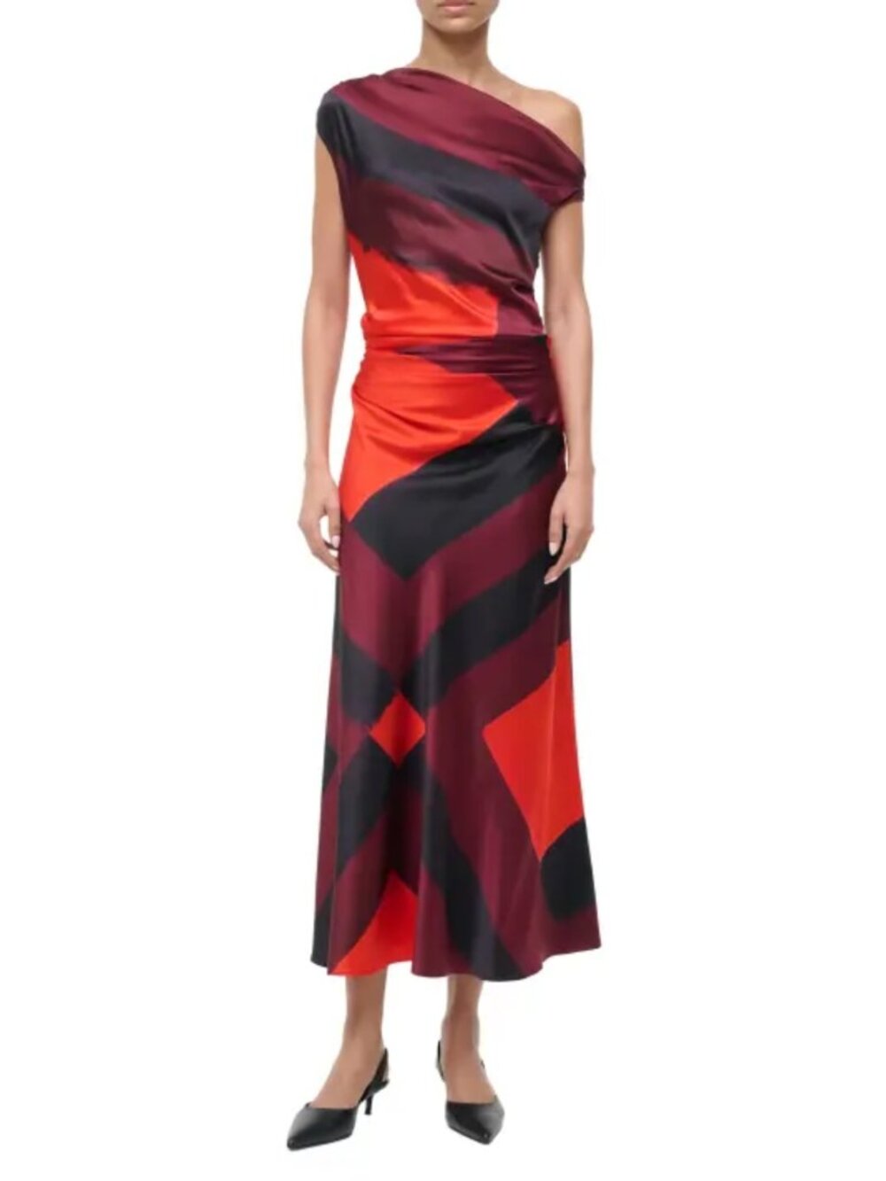 STAUD Phare One-Shoulder Silk Midi Dress Ruby Prism Size 6